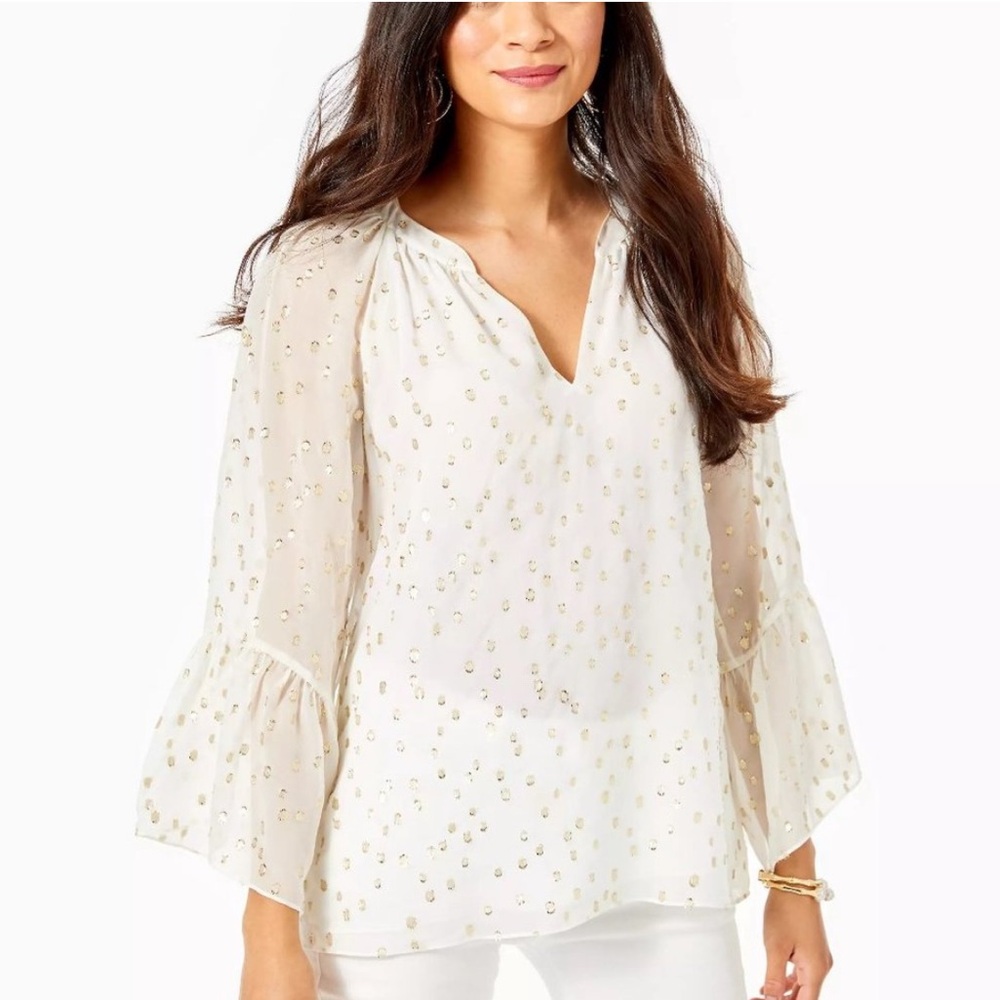 NWT Lilly Pulitzer Matilda Flounce Sleeve Silk Top Coconut Gold Metallic Sz XXS